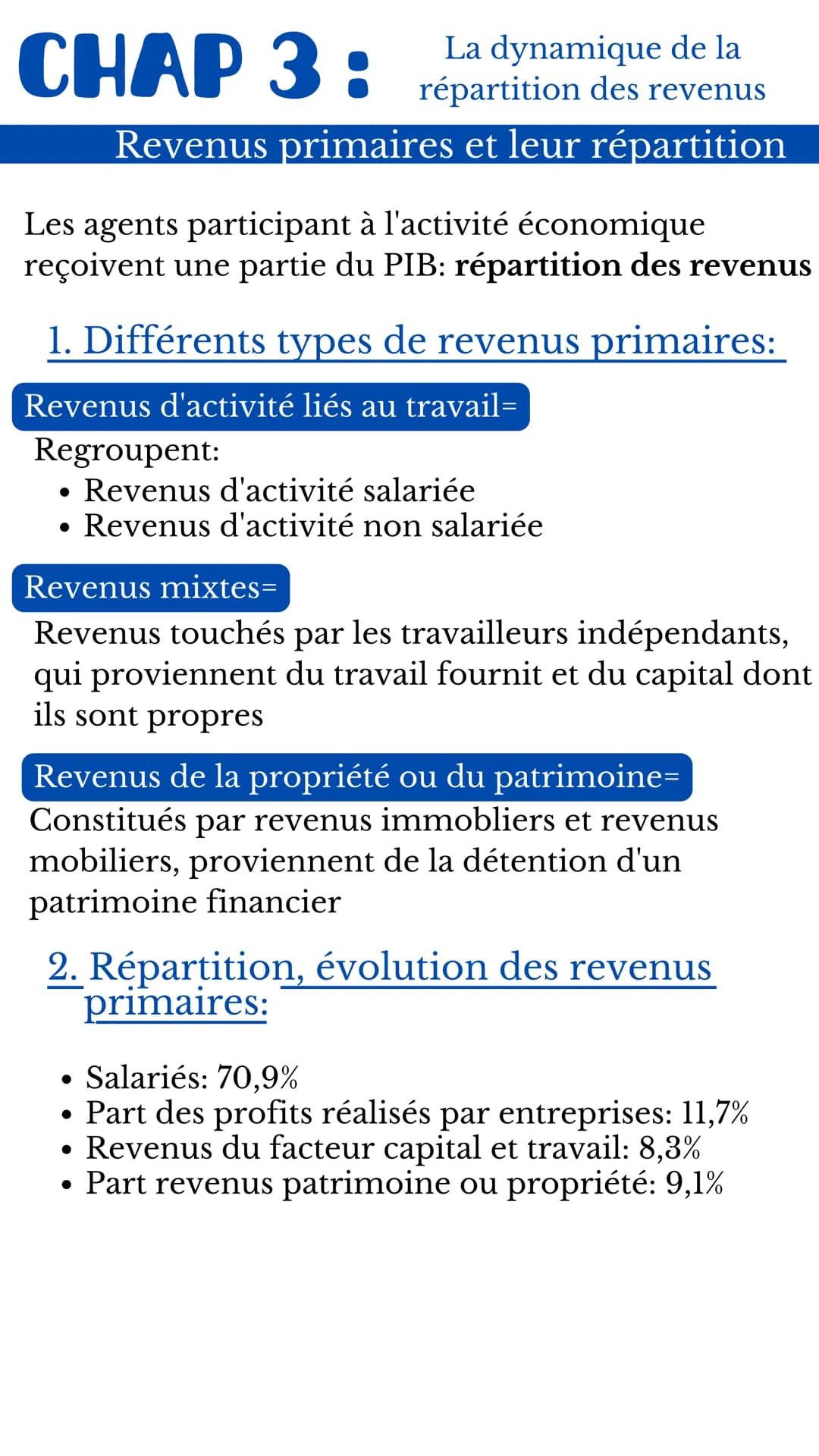 CHAP 3:
La dynamique de la
répartition des revenus
Revenus primaires et leur répartition
Les agents participant à l'activité économique
reço