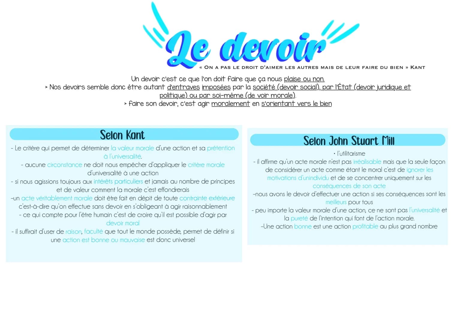 De devoir
<< ON A PAS LE DROIT D'AIMER LES AUTRES MAIS DE LEUR FAIRE DU BIEN » KANT
Un devoir c'est ce que l'on doit faire que ça nous plais