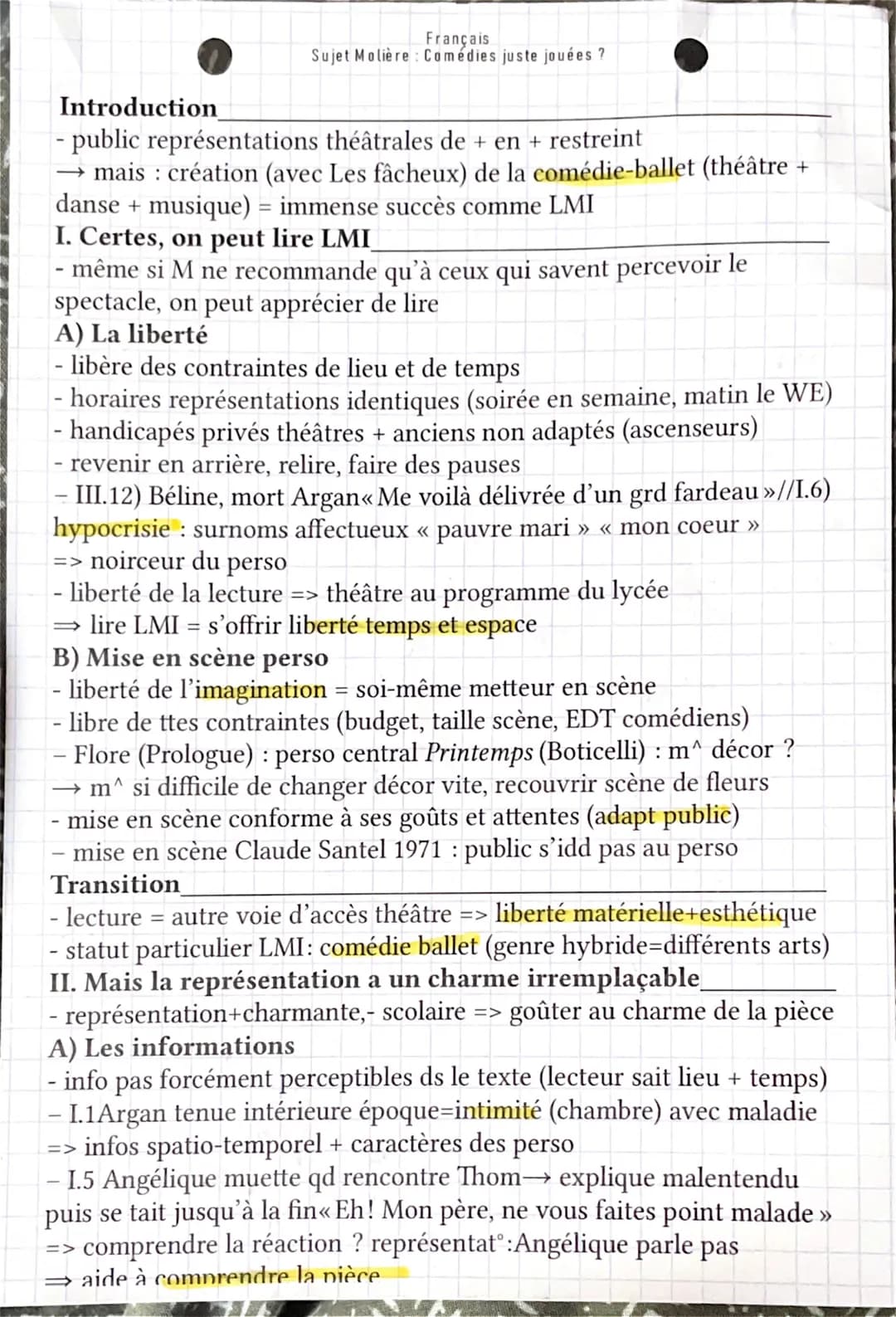 Français
Sujet Molière: Comédies juste jouées ?
Introduction
- public représentations théâtrales de + en + restreint
:
mais création (avec L