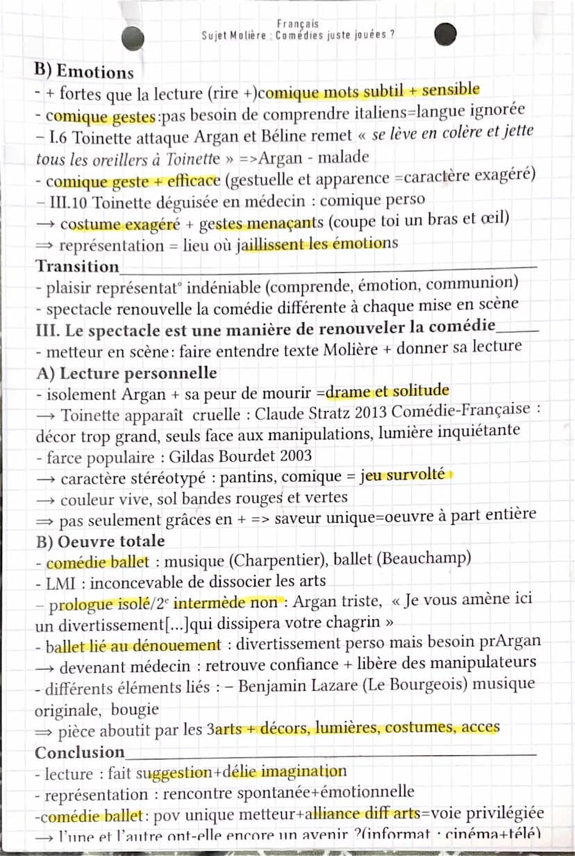 Français
Sujet Molière: Comédies juste jouées ?
Introduction
- public représentations théâtrales de + en + restreint
:
mais création (avec L