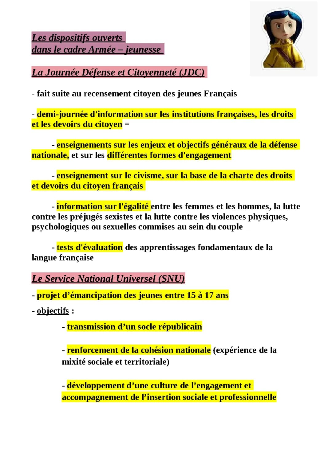 La Journée défense et citoyenneté. Le service national universel (SNU). Les dispositifs ouverts dans le cadre Armée – jeunesse