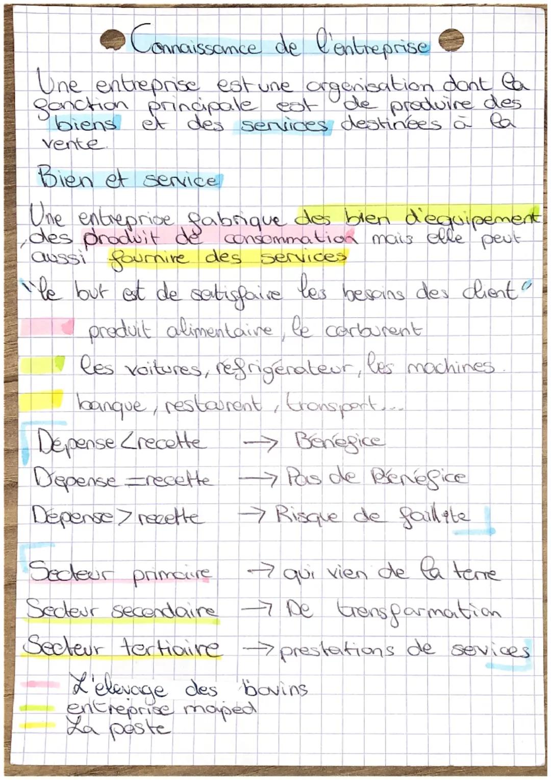 Connaiss
onnaissance de l'entreprise
Une entreprise est une organisation dont la
gonction principale est de produire des
biens et des servic