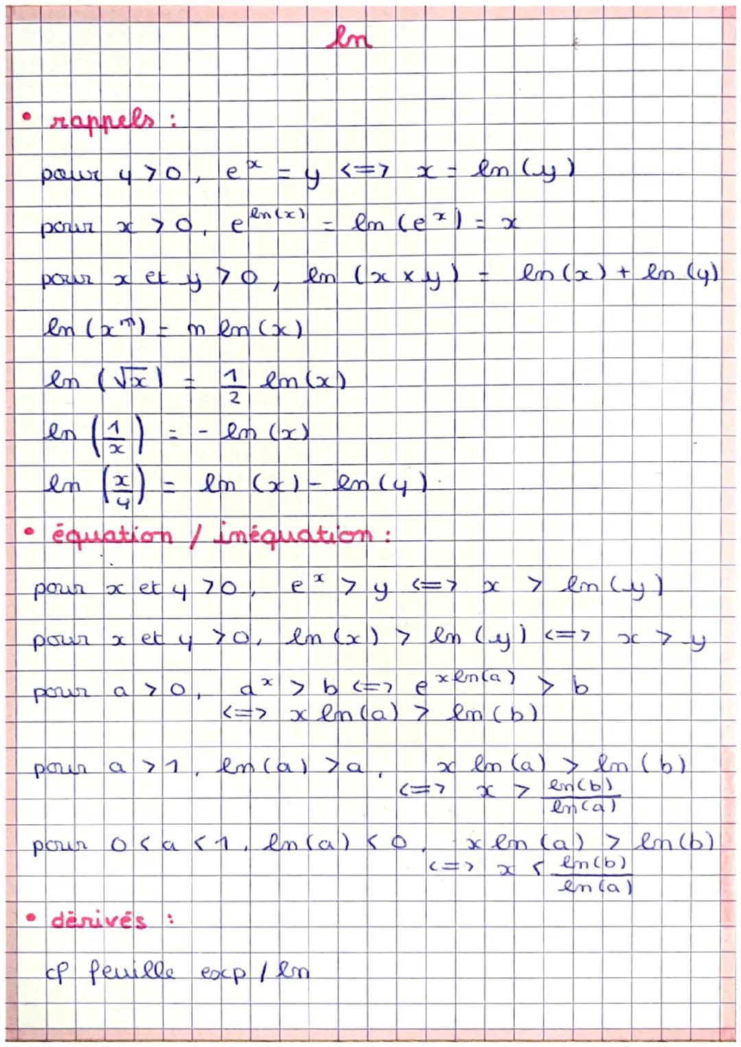 In

• rappels:
pawr 470, $e^x = y <=> x = ln (y)$
pour xo, $e^{en(x)} = em (e^x) = x$
pour x et y 70, en (xxy) -
en (am)m lm (x)
$ln (x) + l