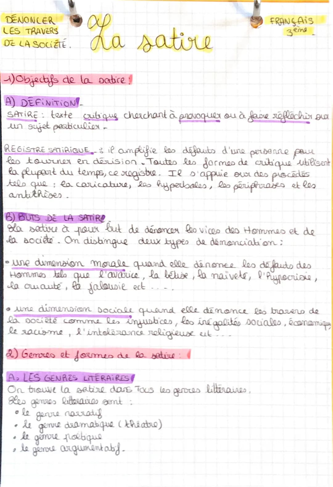 DENONCER
LES TRAVERS
ор
DE LA SOCIÉTÉ. La satire
(1) Objectifs de la satire!
A) DEFINITION_
SATIRE: texte critique cherchant à provoquer ou 