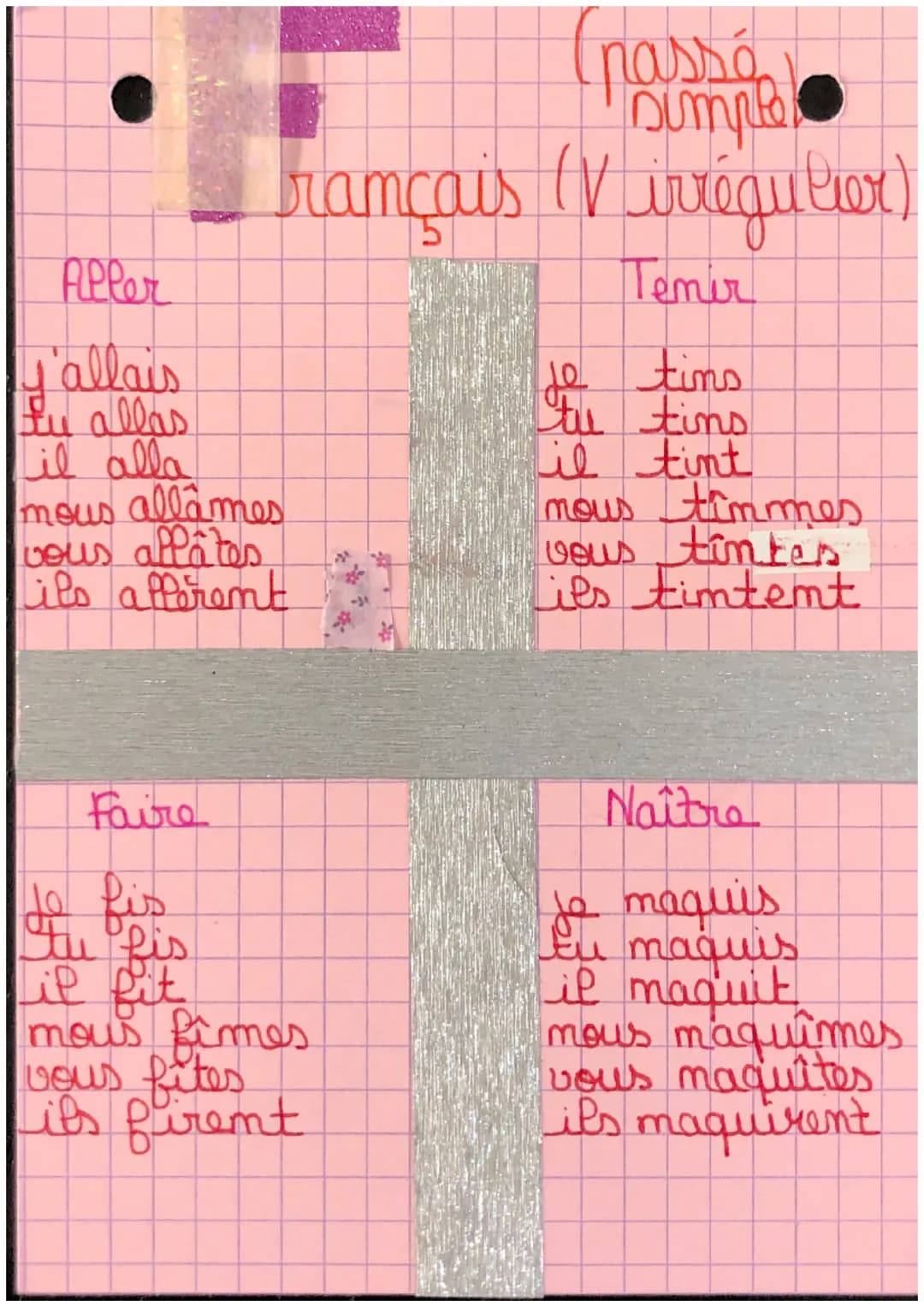 nasse
F
simple
Français (V irrégulier)
Aller
T'allais
Fu allas
il alla
mous allámes
vous allatos
ils afferent
Faire
jo fis
tu his
il fit
mou
