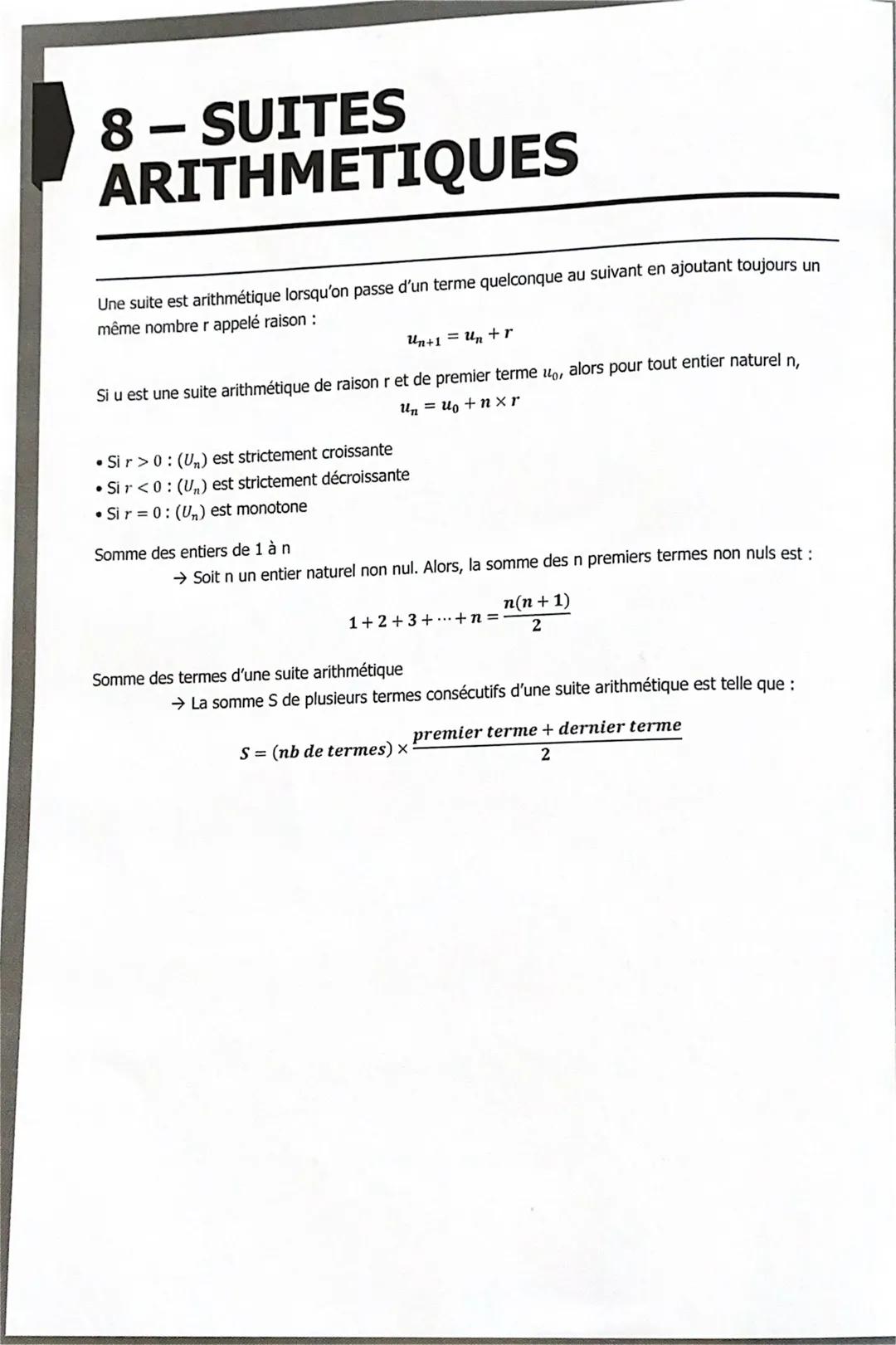 8-SUITES
ARITHMETIQUES
Une suite est arithmétique lorsqu'on passe d'un terme quelconque au suivant en ajoutant toujours un
même nombre r app