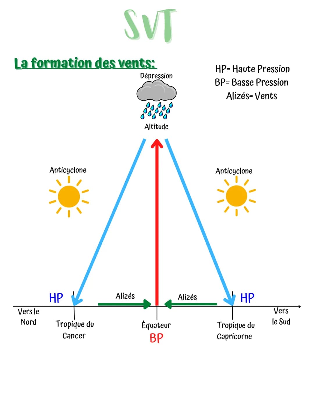 La formation des vents:
Vers le
Nord
Anticyclone
HP
SVT
Tropique du
Cancer
Alizés
Dépression
Altitude
Équateur
BP
Alizés
HP- Haute Pression

