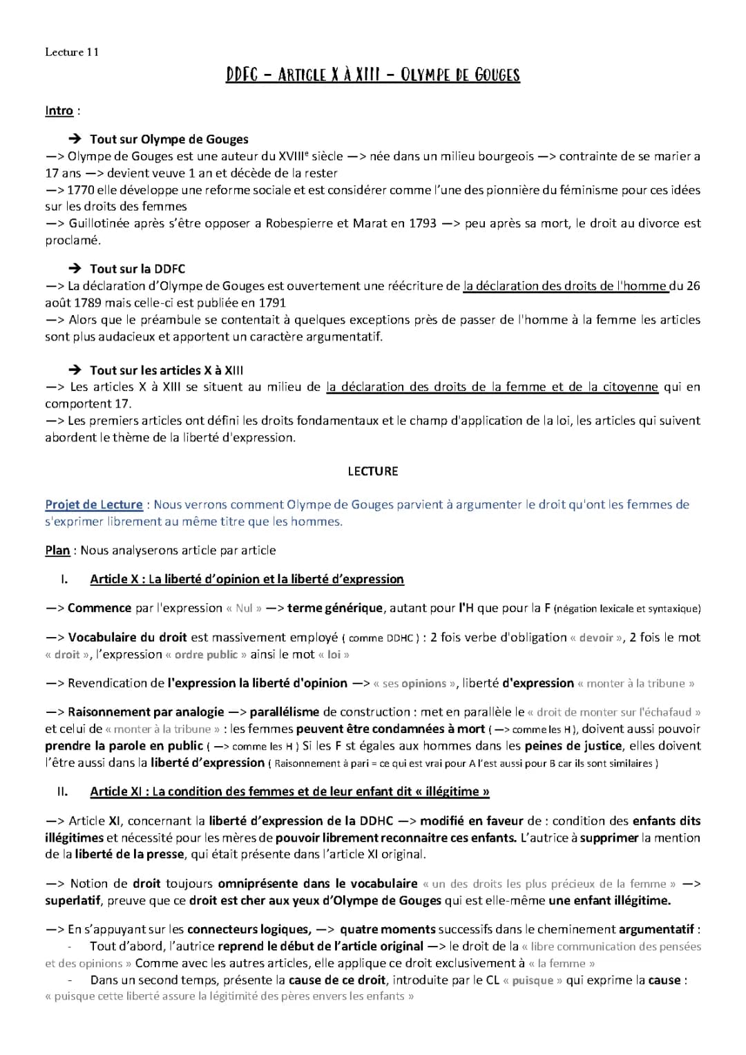 Analyse linéaire des articles X à XIII de la Déclaration des Droits de la Femme - Olympe de Gouges