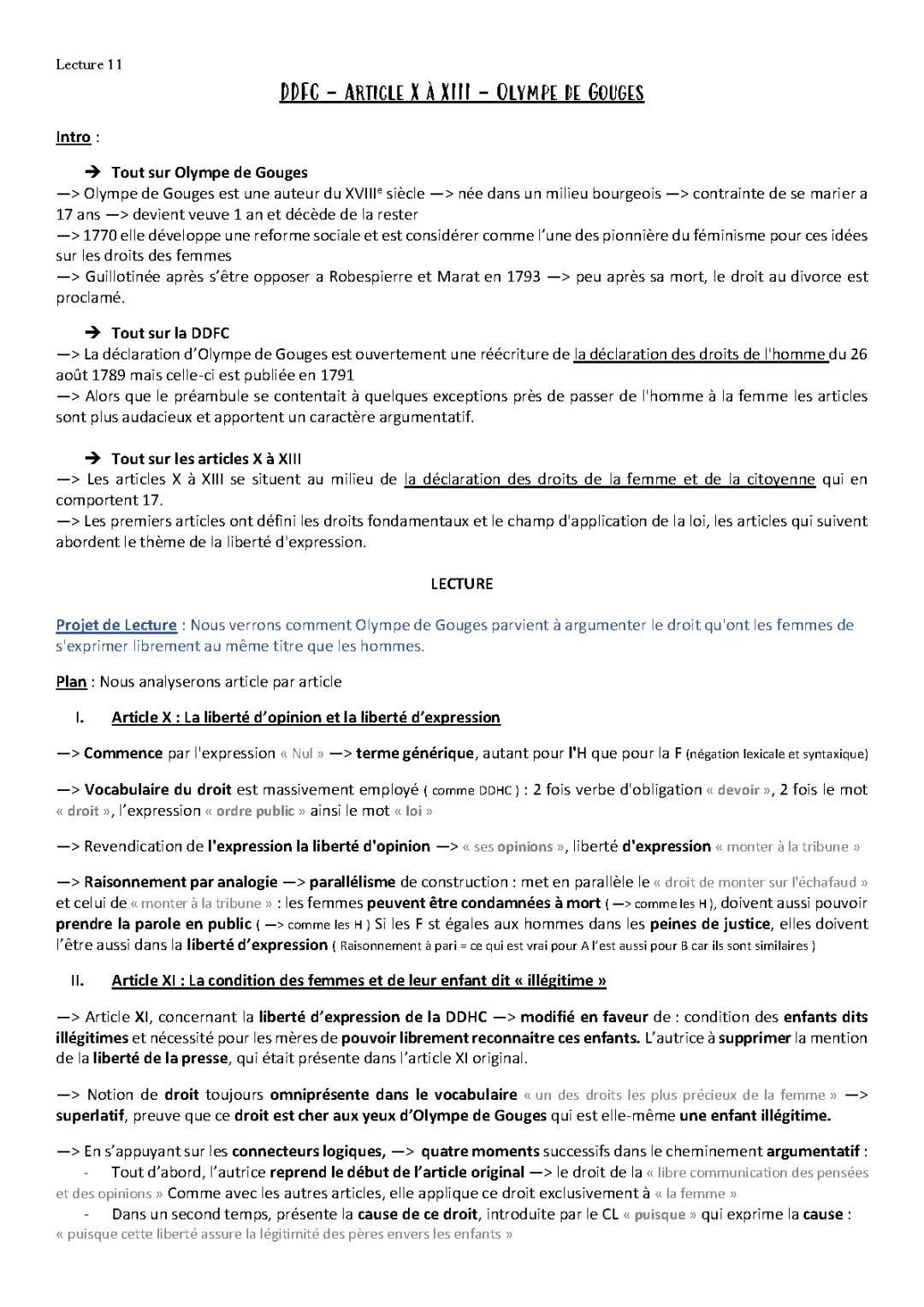 Analyse linéaire des articles X à XIII de la Déclaration des Droits de la Femme - Olympe de Gouges