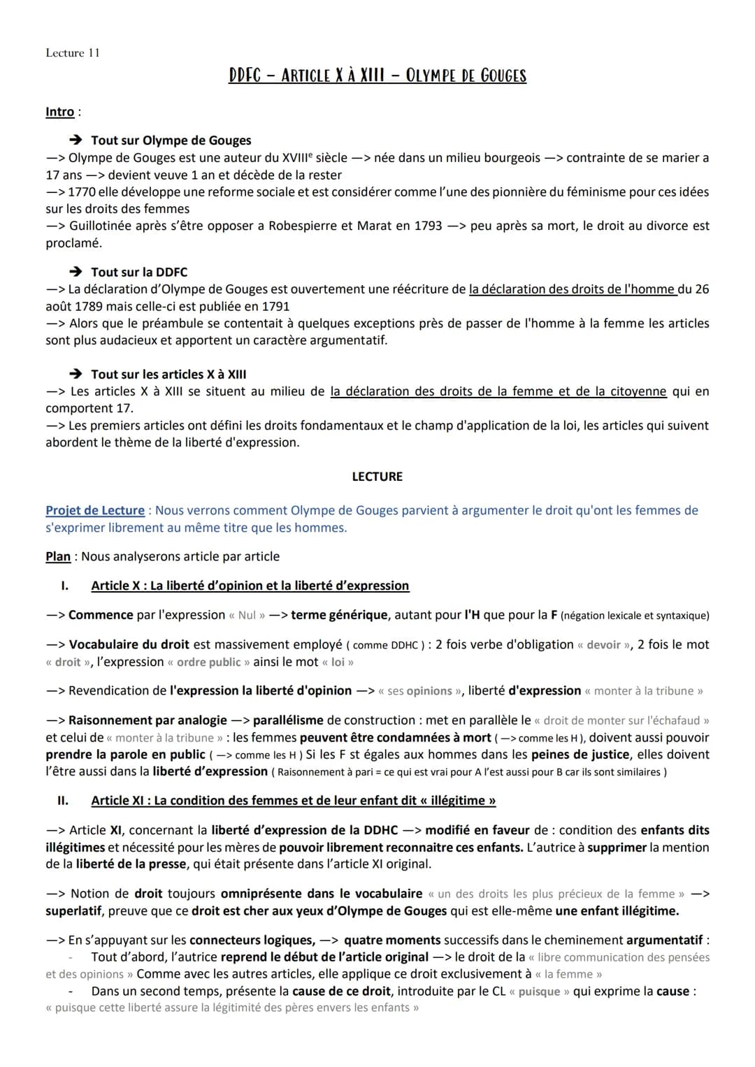 Lecture 11
Intro :
DDFC-ARTICLE X À XIII - OLYMPE DE GOUGES
→ Tout sur Olympe de Gouges
-> Olympe de Gouges est une auteur du XVIIIe siècle 