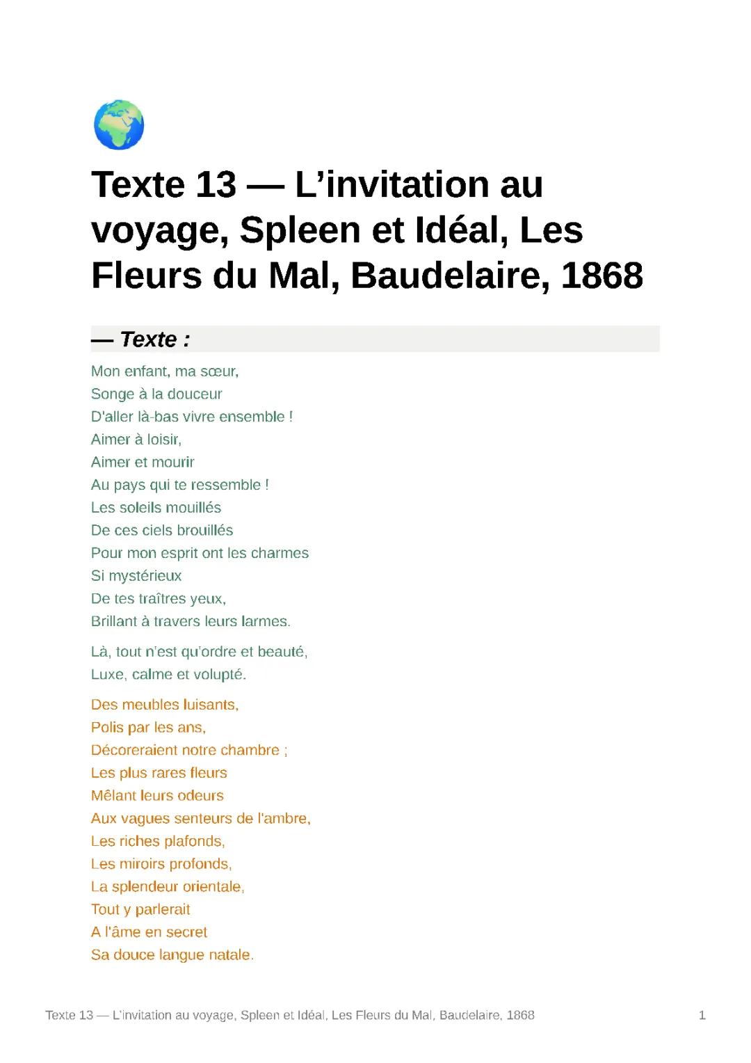 L'Invitation au voyage Baudelaire : Analyse Linéaire et Fiche de Révision 5eme