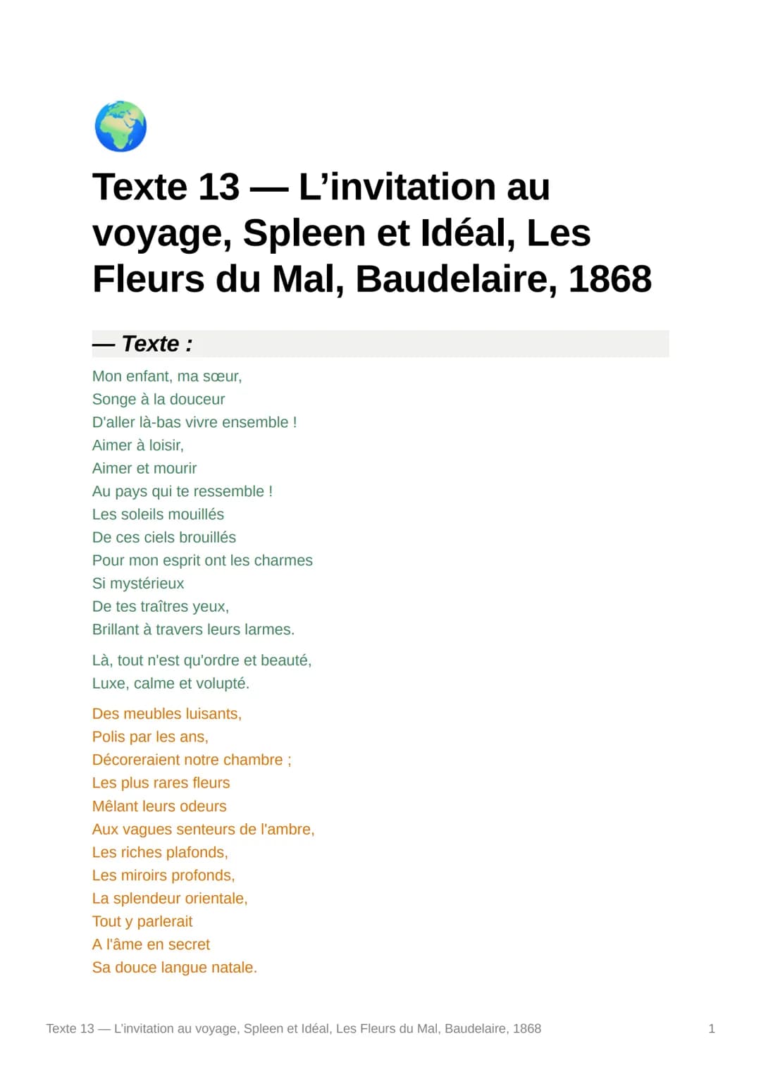 Texte 13 - L'invitation au
voyage, Spleen et Idéal, Les
Fleurs du Mal, Baudelaire, 1868
- Texte :
Mon enfant, ma sœur,
Songe à la douceur
D'