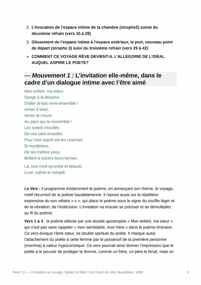 Texte 13 - L'invitation au
voyage, Spleen et Idéal, Les
Fleurs du Mal, Baudelaire, 1868
- Texte :
Mon enfant, ma sœur,
Songe à la douceur
D'