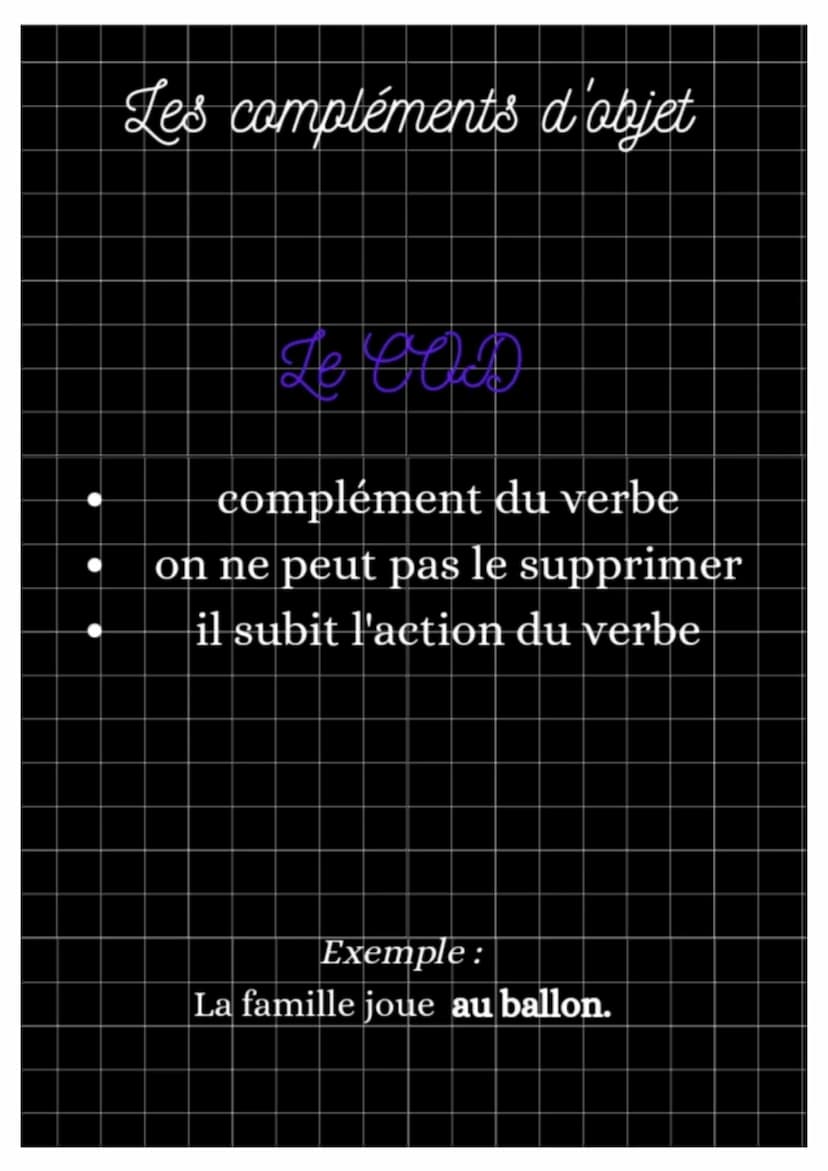 Les compléments
d'objet Les compléments d'objet
De COD
complément du verbe
on ne peut pas le supprimer
il subit l'action du verbe
Exemple :
