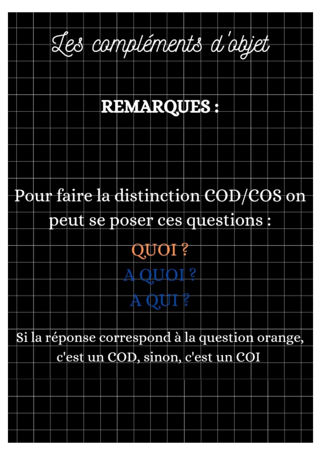 Les compléments
d'objet Les compléments d'objet
De COD
complément du verbe
on ne peut pas le supprimer
il subit l'action du verbe
Exemple :
