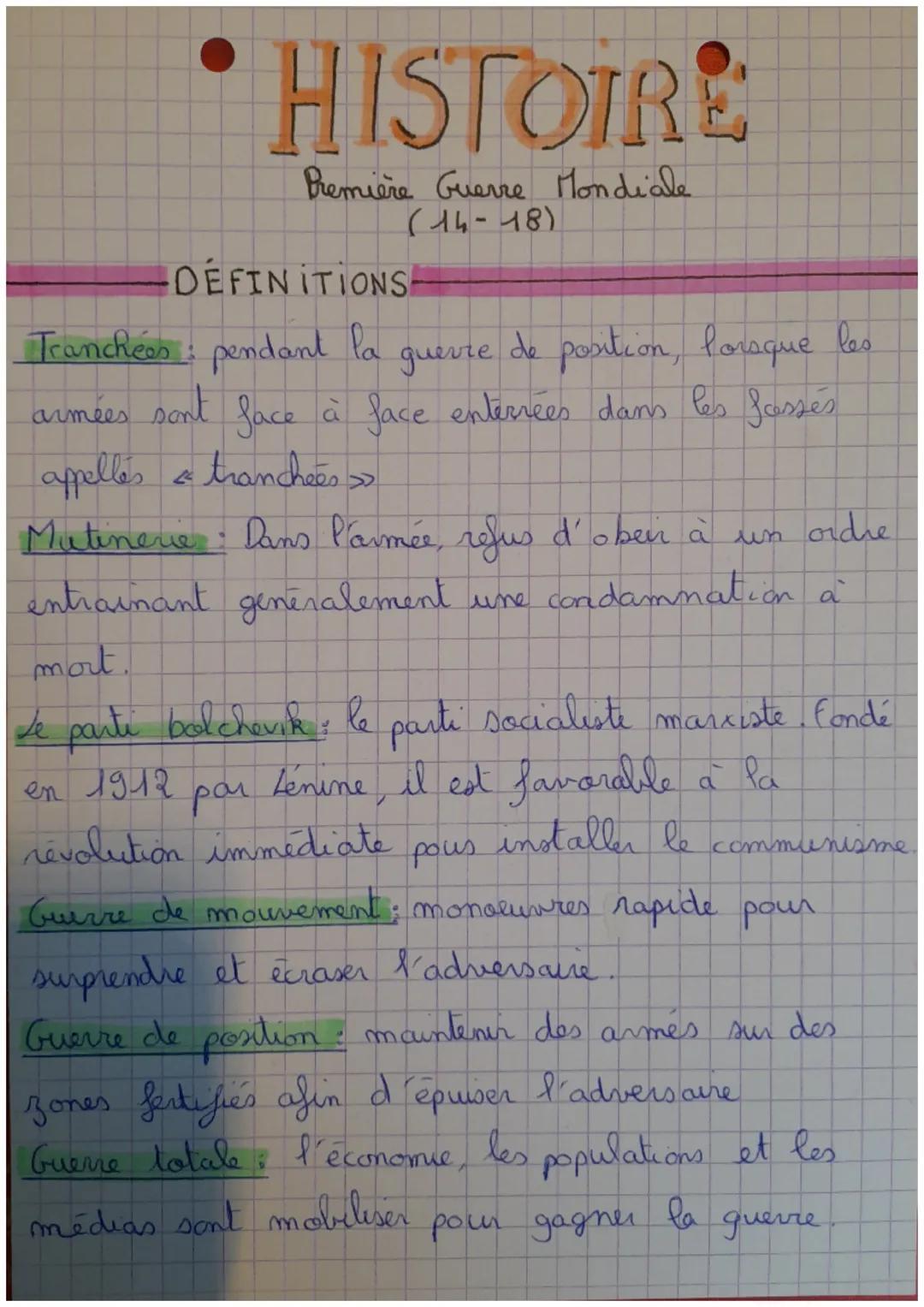 HISTOIRE
Première Guerre Mondiale
(14-18)
DEFINITIONS-
Tranchées pendant la
guerre
de position, lorsque les
armées sont face à face enterrée