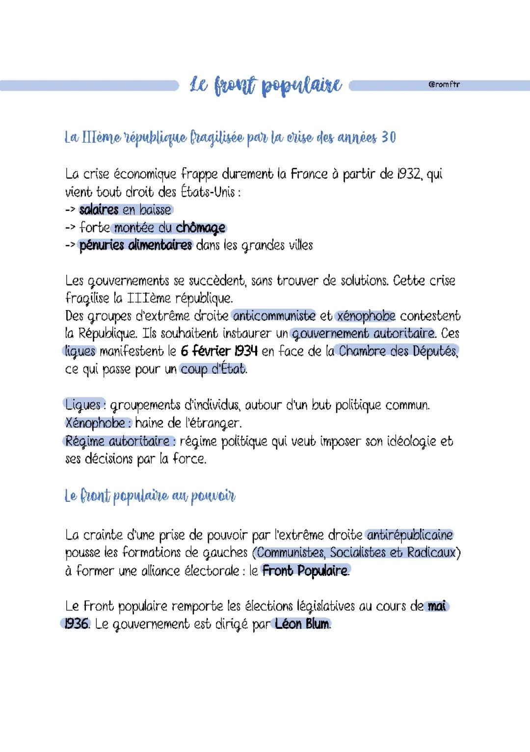 Résumé du Front Populaire 1936 pour le 3ème - Qui l'a créé et dirigé?