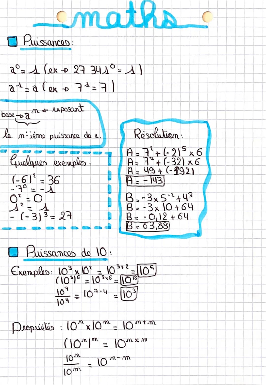□ Puissances:
2° = 1 (ex - 27 3410 = 11
1
a^² = a (ex + 7 + =7)
exposant
M +
basea
maths
la n-ième puissanco do a.
Quelques exemples
(-61²=3