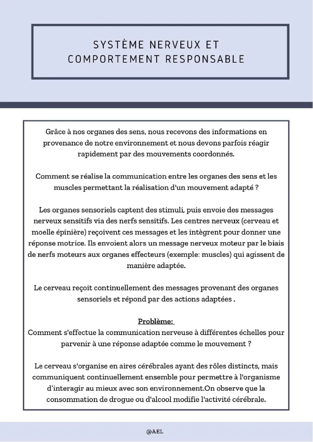 Schéma du Système Nerveux et Comportement - SVT 5ème et 3ème