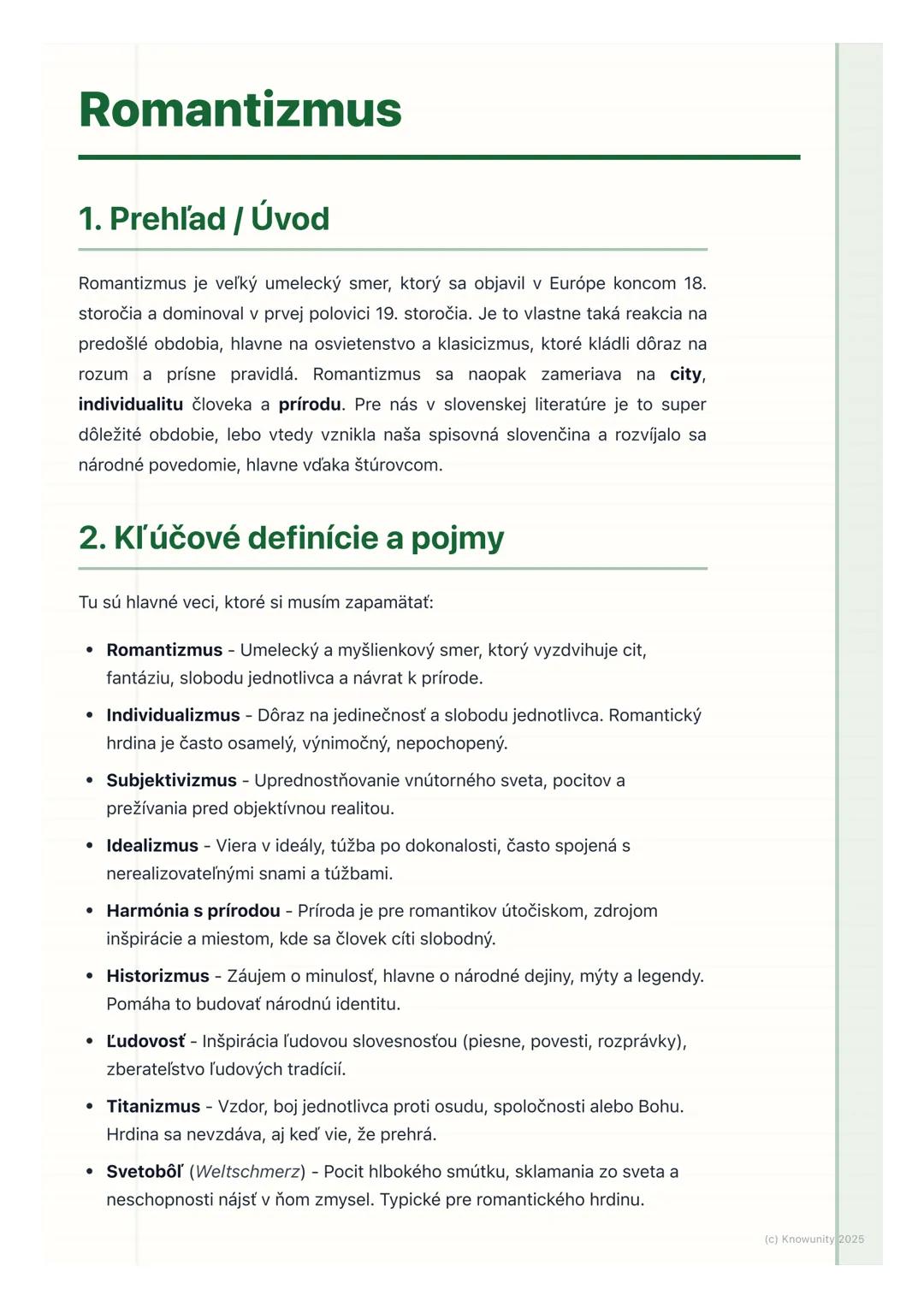 # Romantizmus

## 1. Prehľad / Úvod

Romantizmus je veľký umelecký smer, ktorý sa objavil v Európe koncom 18.
storočia a dominoval v prvej p