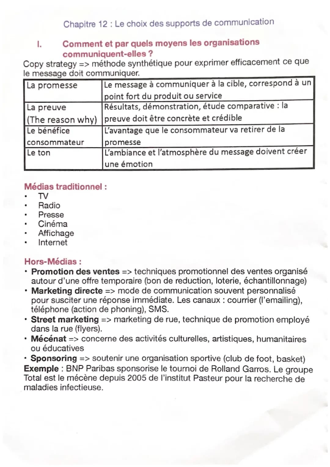 Chapitre 12 : Le choix des supports de communication
Comment et par quels moyens les organisations
communiquent-elles ?
Copy strategy => mét