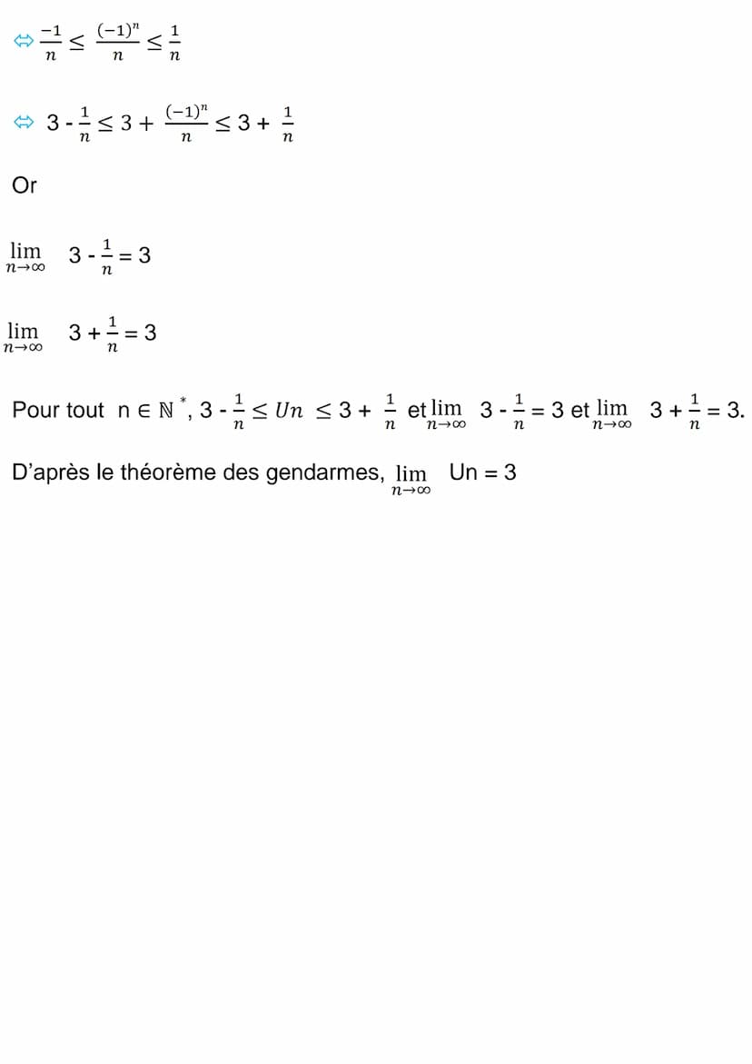 Le théorème des
gendarmes
Ce théorème est utiliser pour déterminer la limite d'une suite en
l'encadrant entre 2 autres suites dont on connai