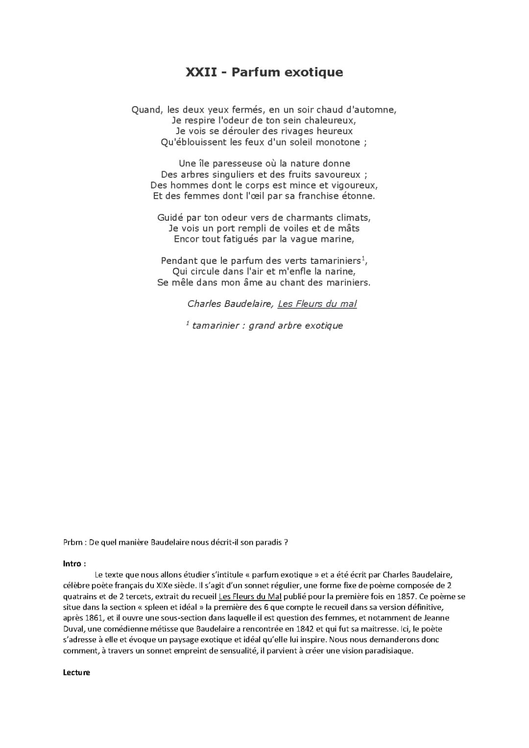 Analyse Parfum Exotique Baudelaire : PDF, Résumé, et Figures de style