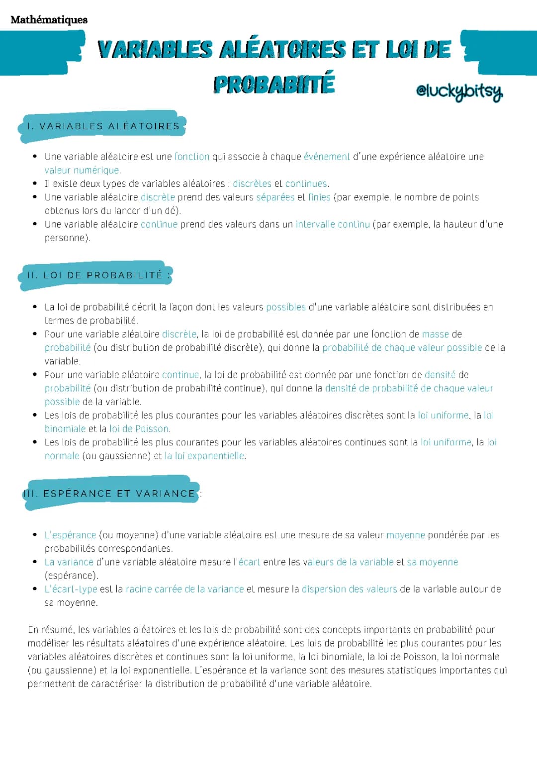 Découvre les Variables Aléatoires et Lois de Probabilité
