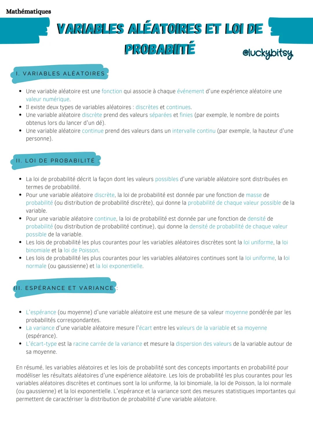 Mathématiques
VARIABLES ALÉATOIRES ET LOI DE
PROBABITÉ
I. VARIABLES ALÉATOIRES
• Une variable aléatoire est une fonction qui associe à chaqu