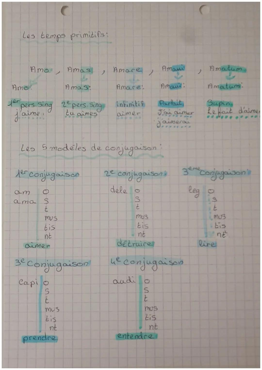 Les temps primitifs:
Amo
Amo
pers. Sing 2 pers. sing
'aime
tu aimes
Amas,
OSIM
Amas:
ter conjugaison
am
ama S
mus
tis
nt
aimer
mus
tis
nt
pr