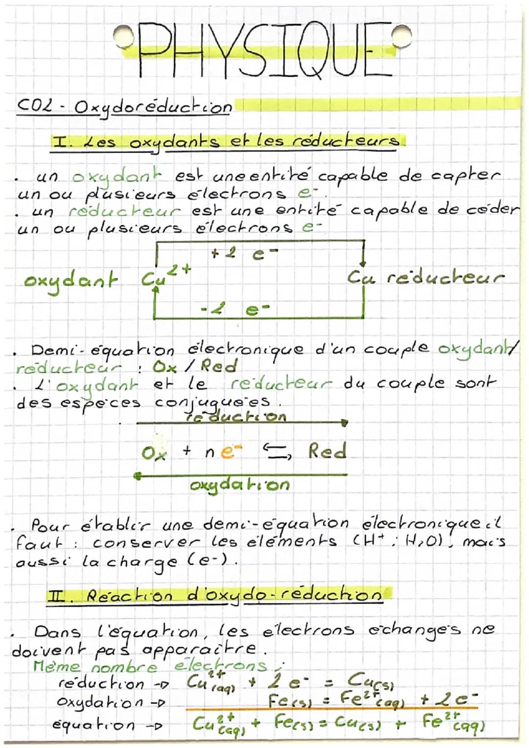 # PHYSIQUE

COL - Oxydoréduction

I. Les oxydants et les réducteurs.

*   un oxydant est une entité capable de capter
    un ou plusieurs él