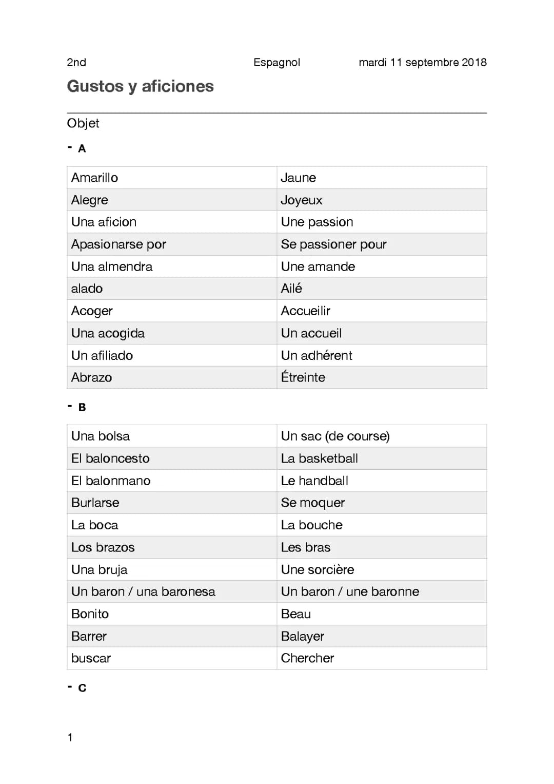 Vocabulaire - Justes y aficiones