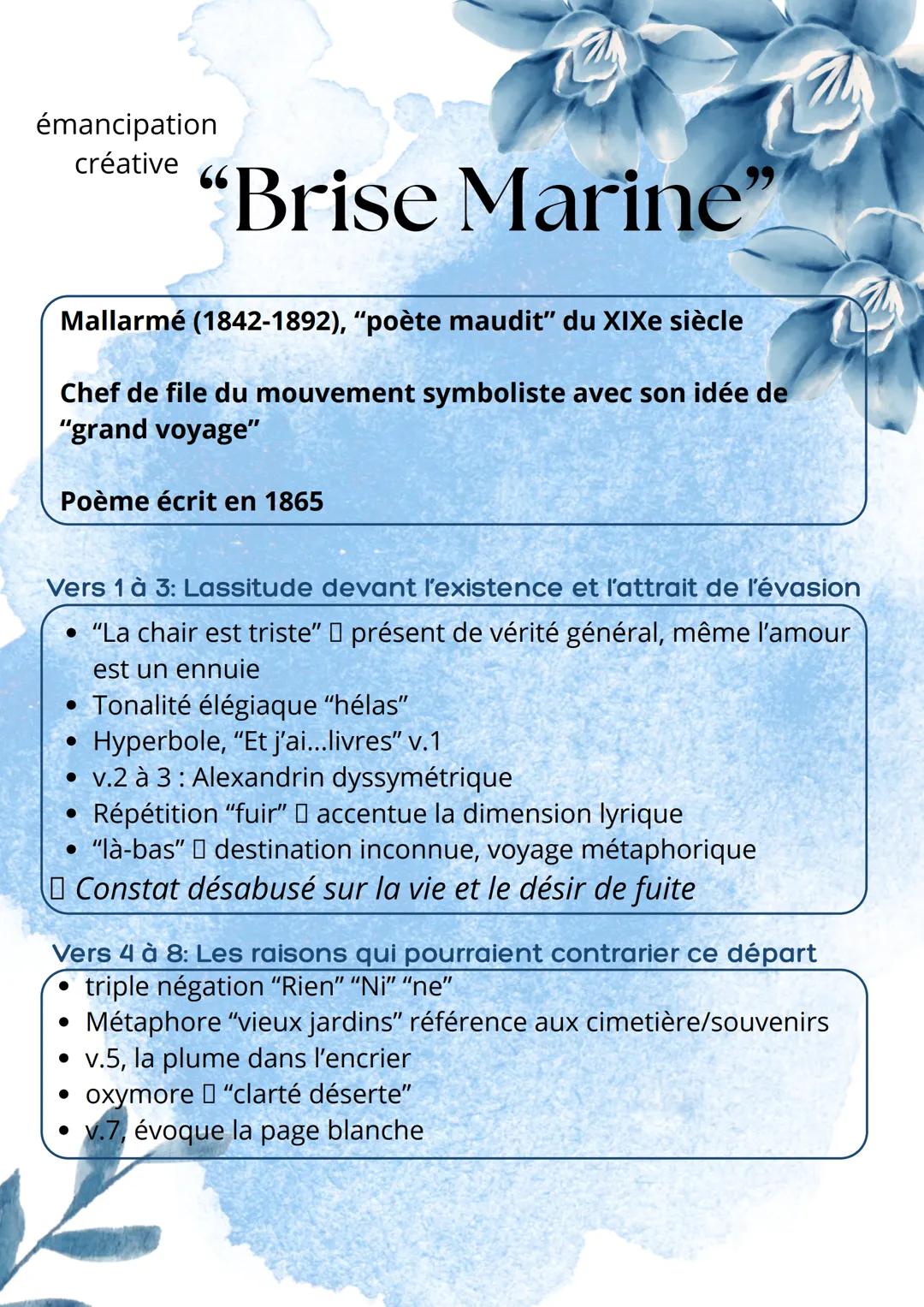 émancipation
créative
"Brise Marine"
Mallarmé (1842-1892), "poète maudit" du XIXe siècle
Chef de file du mouvement symboliste avec son idée 