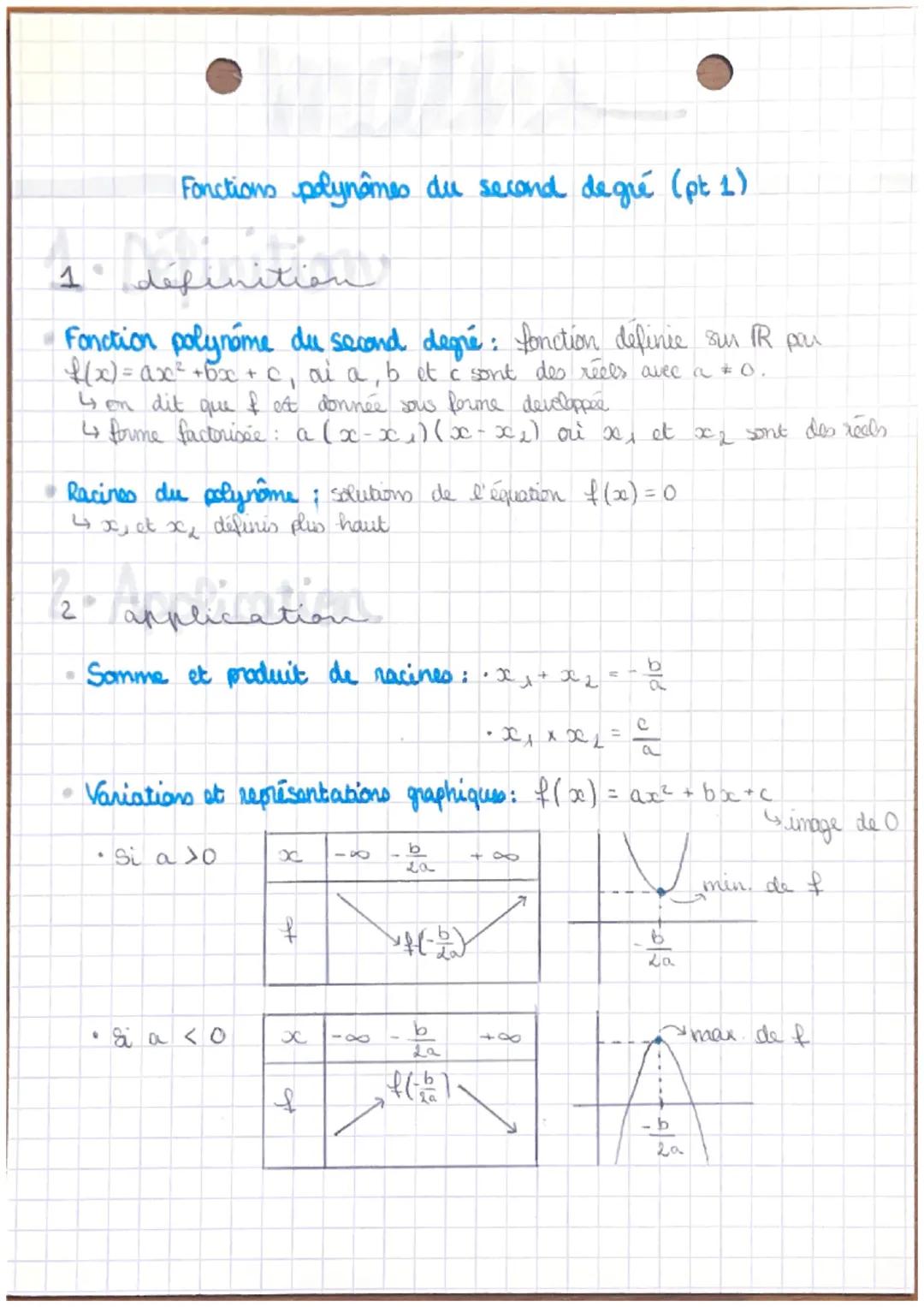 1
Fonctions polynômes du second degré (pt 1)
definition
• Fonction polynome du second degré : fonction définie sun PR par
f(x) = ax² + bx + 
