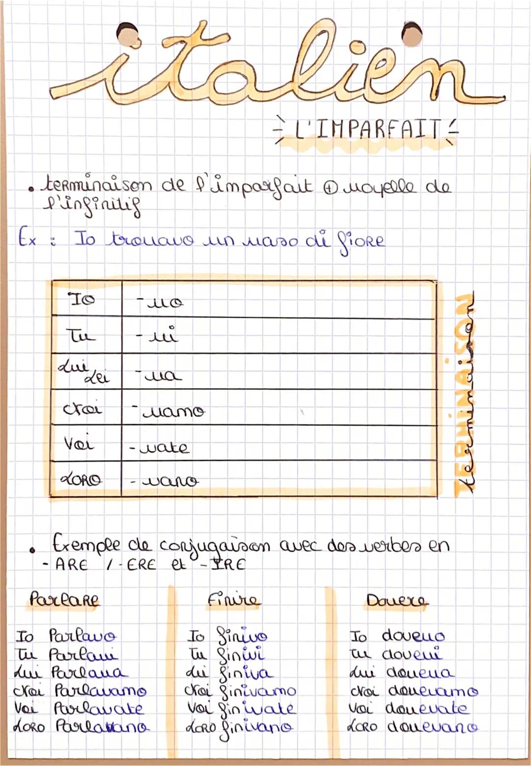 # italien

L'IMPARFAIT

- terminaison de l'imparfait Moyelle de
P'infinitig

Ex : Io trovavo un maso di fiore

|   |   |
|---|---|
| Io | мо
