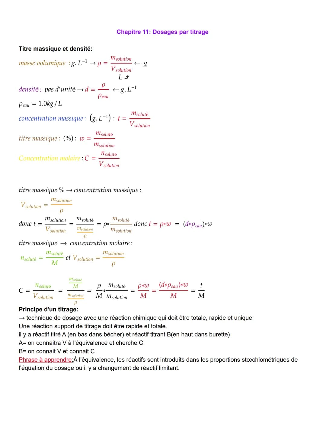 Titre massique et densité:
masse volumique :g.L-1 →P
titre massique: (%): w =
densité: pas d'unité → d =
Peau = 1.0kg/L
concentration massiq