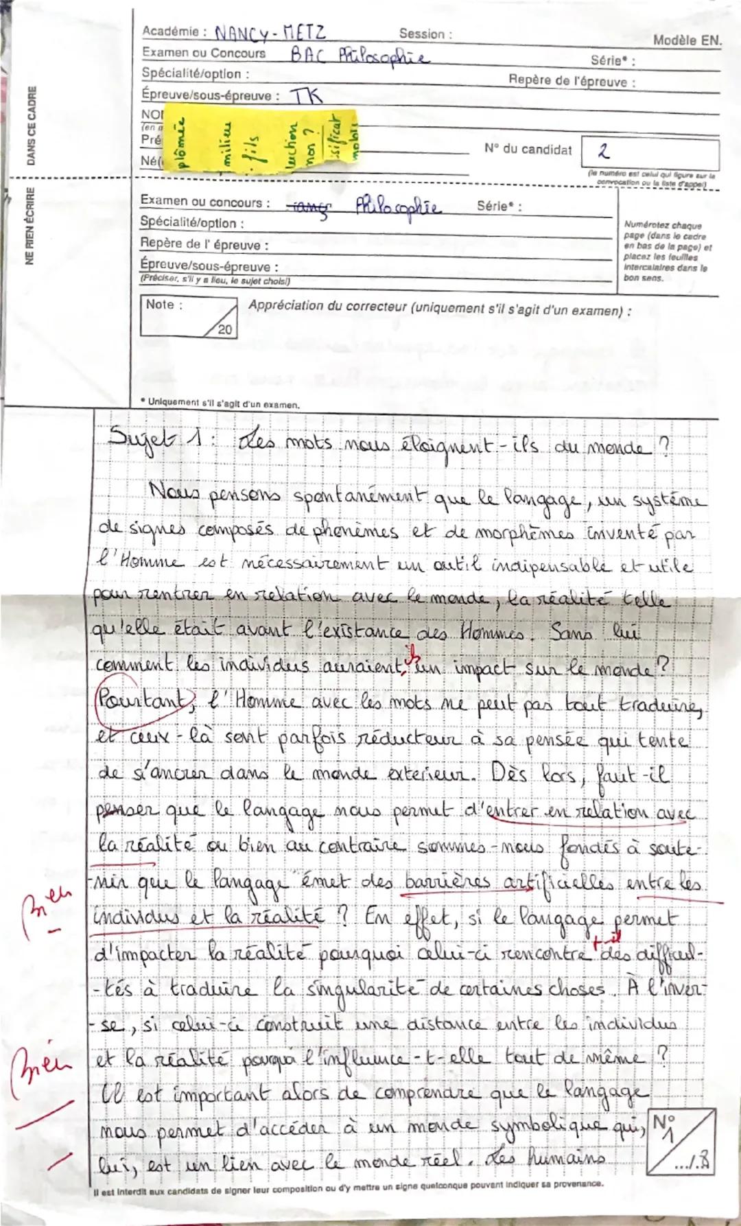 # Académie : NANCY - METZ
# Examen ou Concours : BAC Philosophie
# Spécialité/option : TK
# Épreuve/sous-épreuve :
# N° du candidat : 2

# S