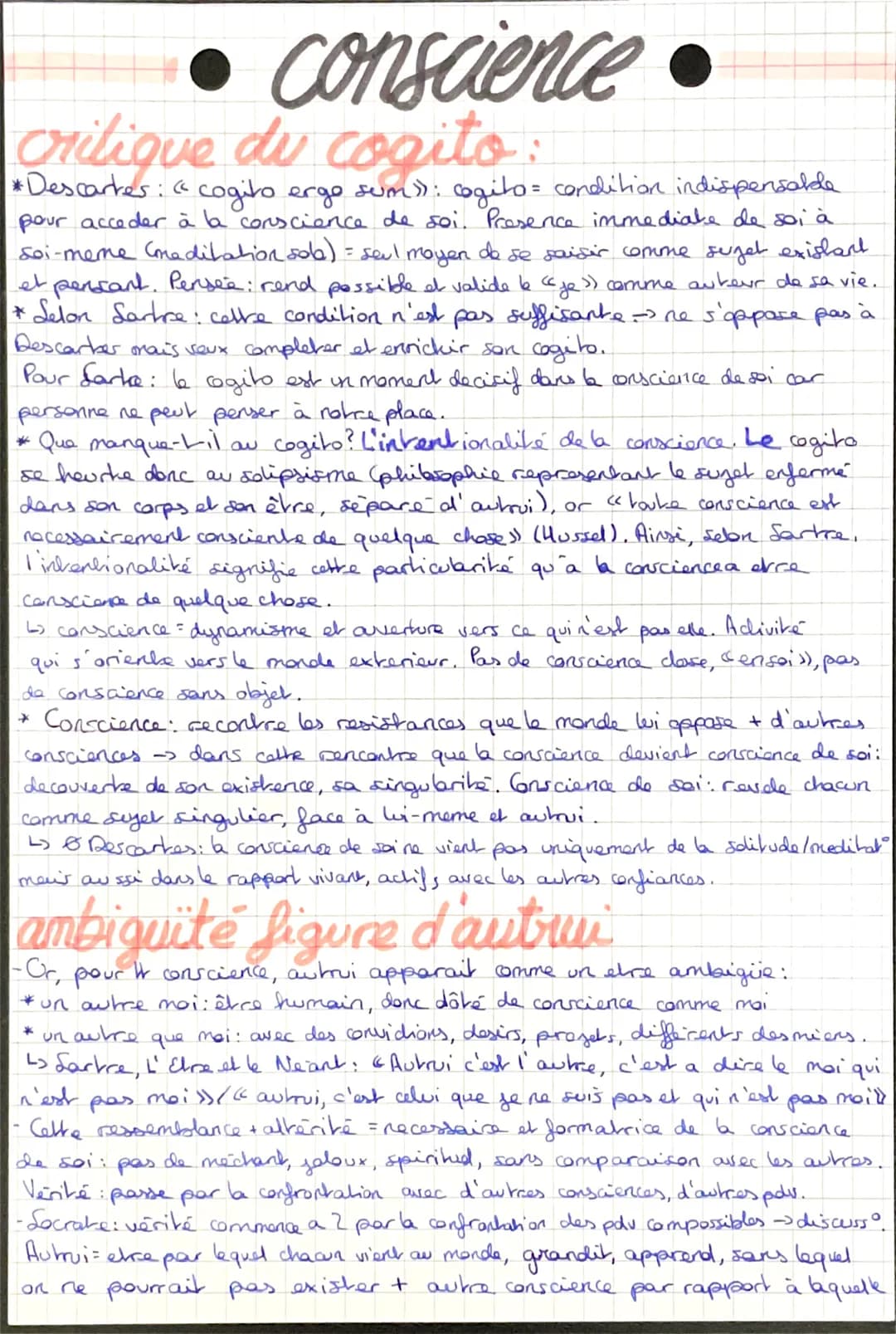 conscience.
critique du cogito
* Descartes : « cogito ergo sum »): cogito= condition indispensable
pour acceder à la conscience de soi. Pres