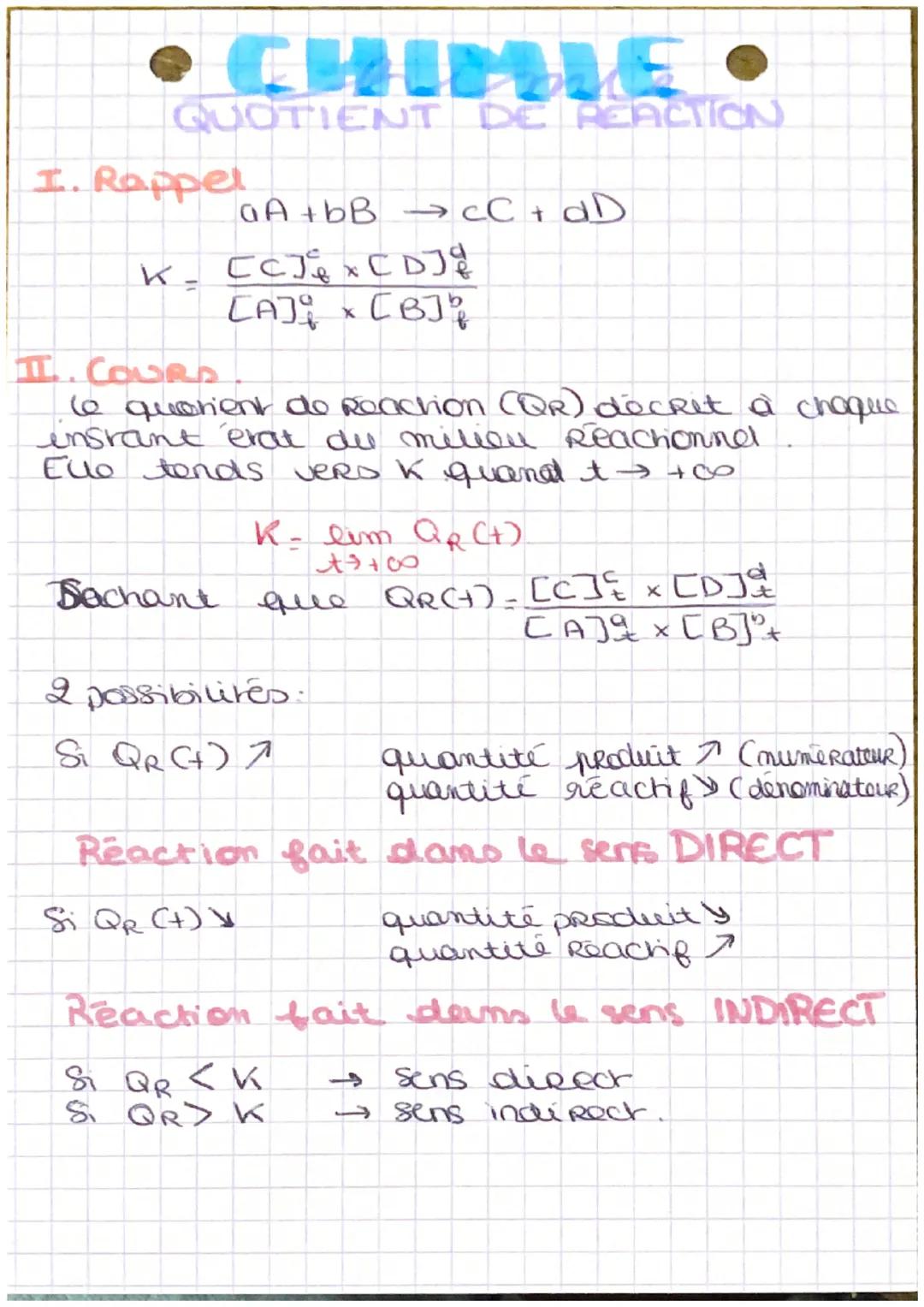 QUOTIENT DE REACTION
I. Rappel
aA +bB → cC + dD
K₂ CCJ x C DJ q
=
[A] x [B]
IT. COURS
le quarient de Reaction (QR) décrit à chaque
instant e