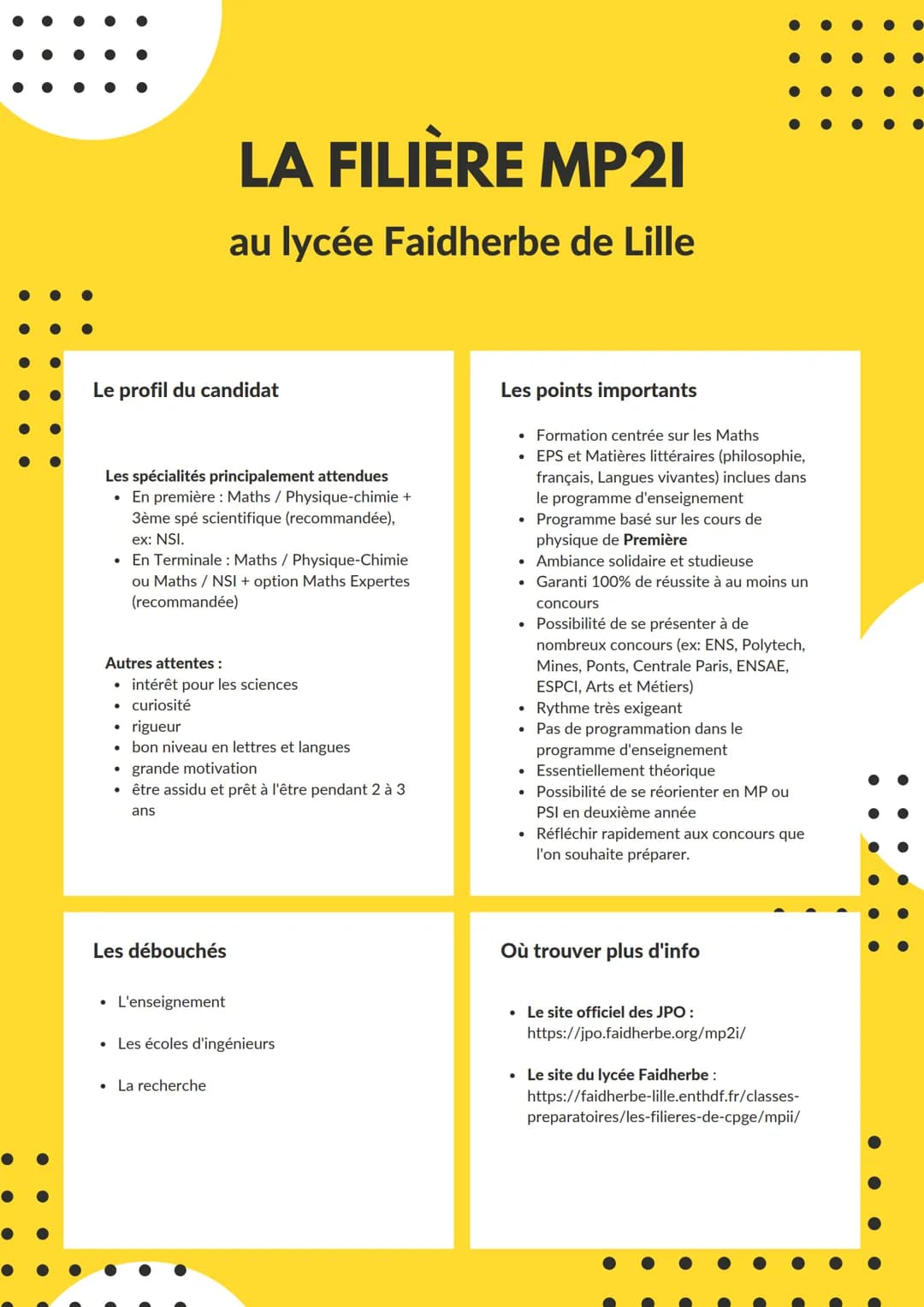 Le profil du candidat
LA FILIÈRE MP21
au lycée Faidherbe de Lille
Les spécialités principalement attendues
• En première : Maths / Physique-