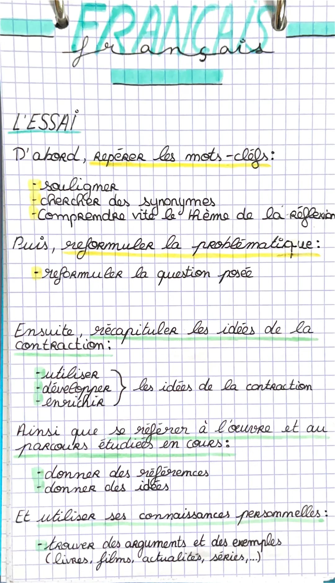 FRANÇAIS
sais
L'ESSAI
D'abord, Repérer les mots-clefs :
- souligner
•chercher des synonymes.
-Comprendre vite le thème de la Réflexion
Puis,
