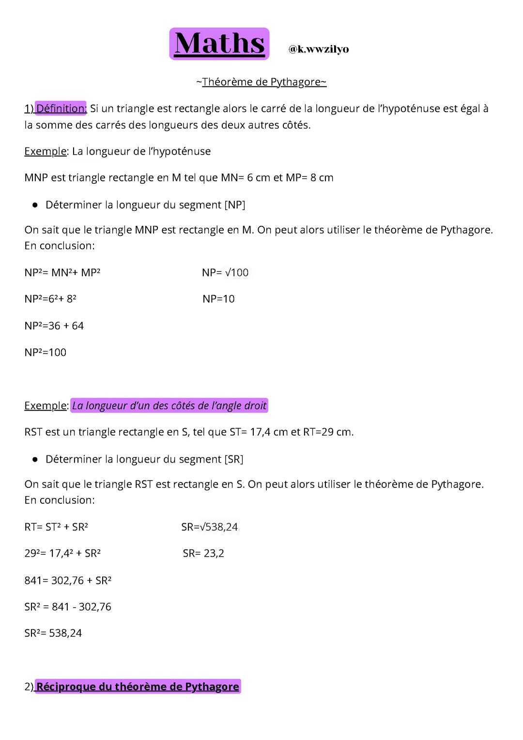 -Maths- Pythagore + sa réciproque