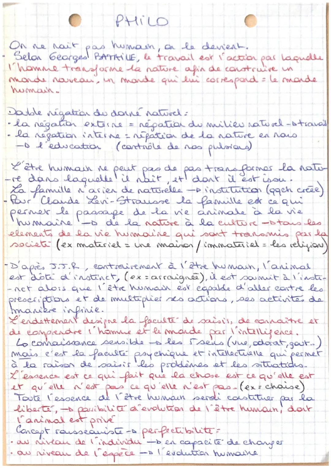 # PHILO

On ne rait pas humain, on le devient.
Selon Georges BATAILLE, le travail est l'action par laqudle
l'homme transforme la nature afin