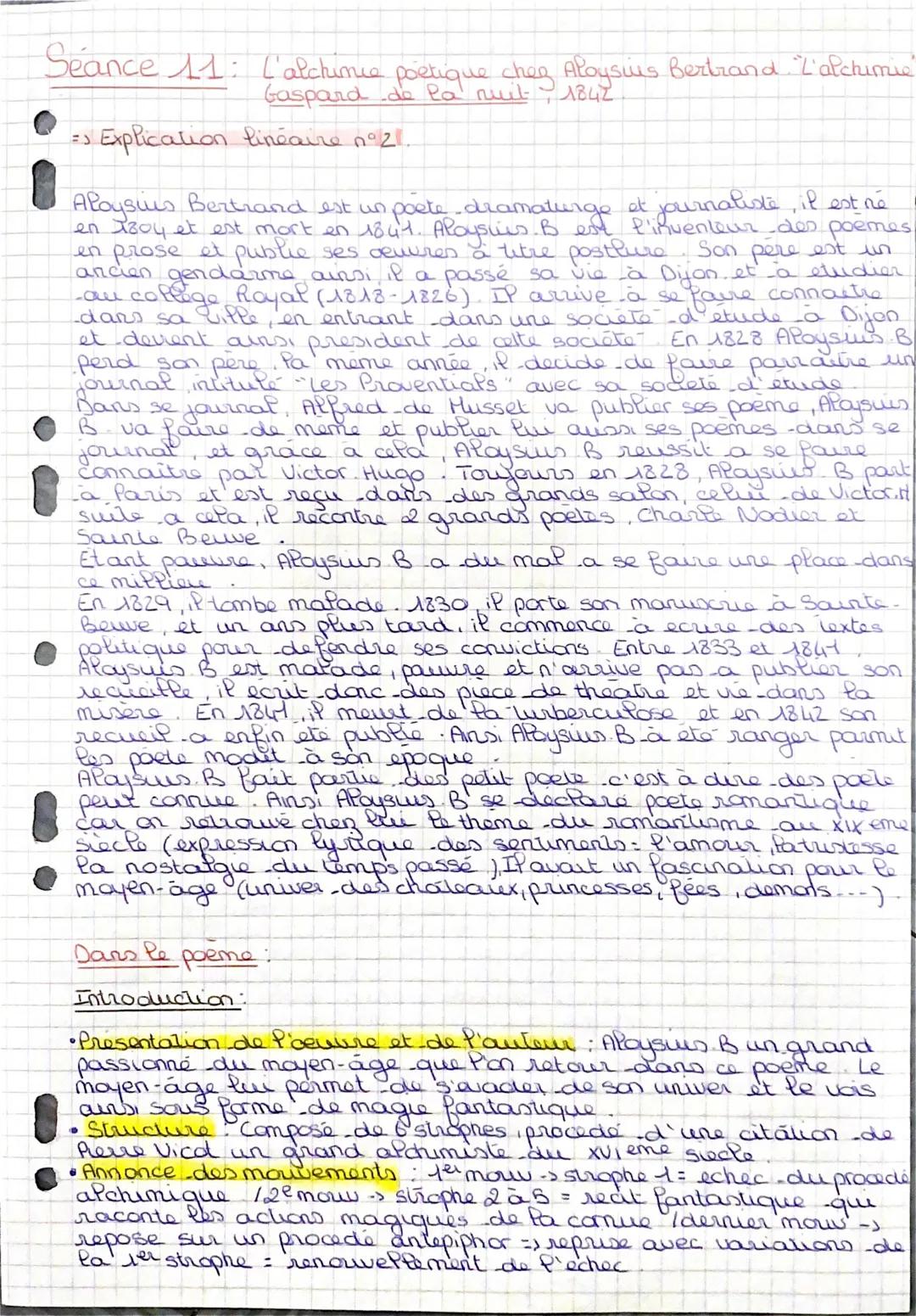 Seance 11: C'alchimie poétique chez Aloysius Bertrand. "L'alchimie"
Gaspard de la nuit
1842
• Explication linéaire n°21.
Aloysius Bertrand e