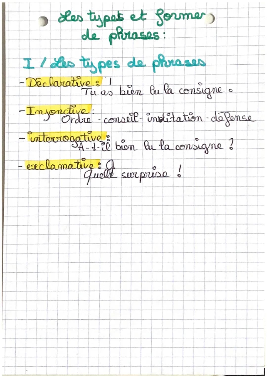 2 oles types et former,
de phrases
I / Les types de phrases
- Déclarative: I
Tu as bien lu la consigne •
-Injonctive:
Ordre - conseil - indi