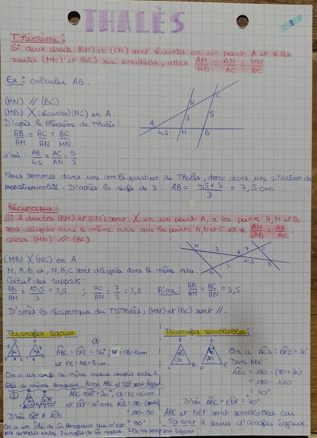 THALES
Theoreme
Si deux droite (BM) et (CN) sont secantes en un point A et siles.
droites (MN) et (BC) son paralleles
alors
HN
AH
AB
AN
AC
E