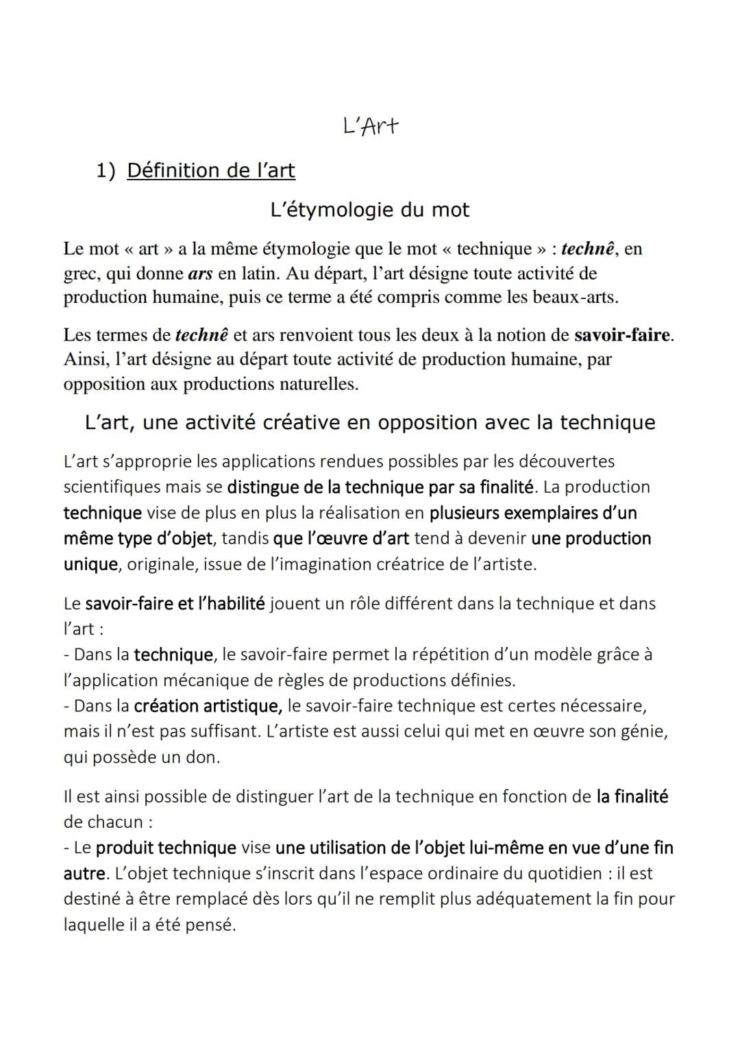 1) Définition de l'art
L'Art
L'étymologie du mot
Le mot « art » a la même étymologie que le mot « technique » : technê, en
grec, qui donne a