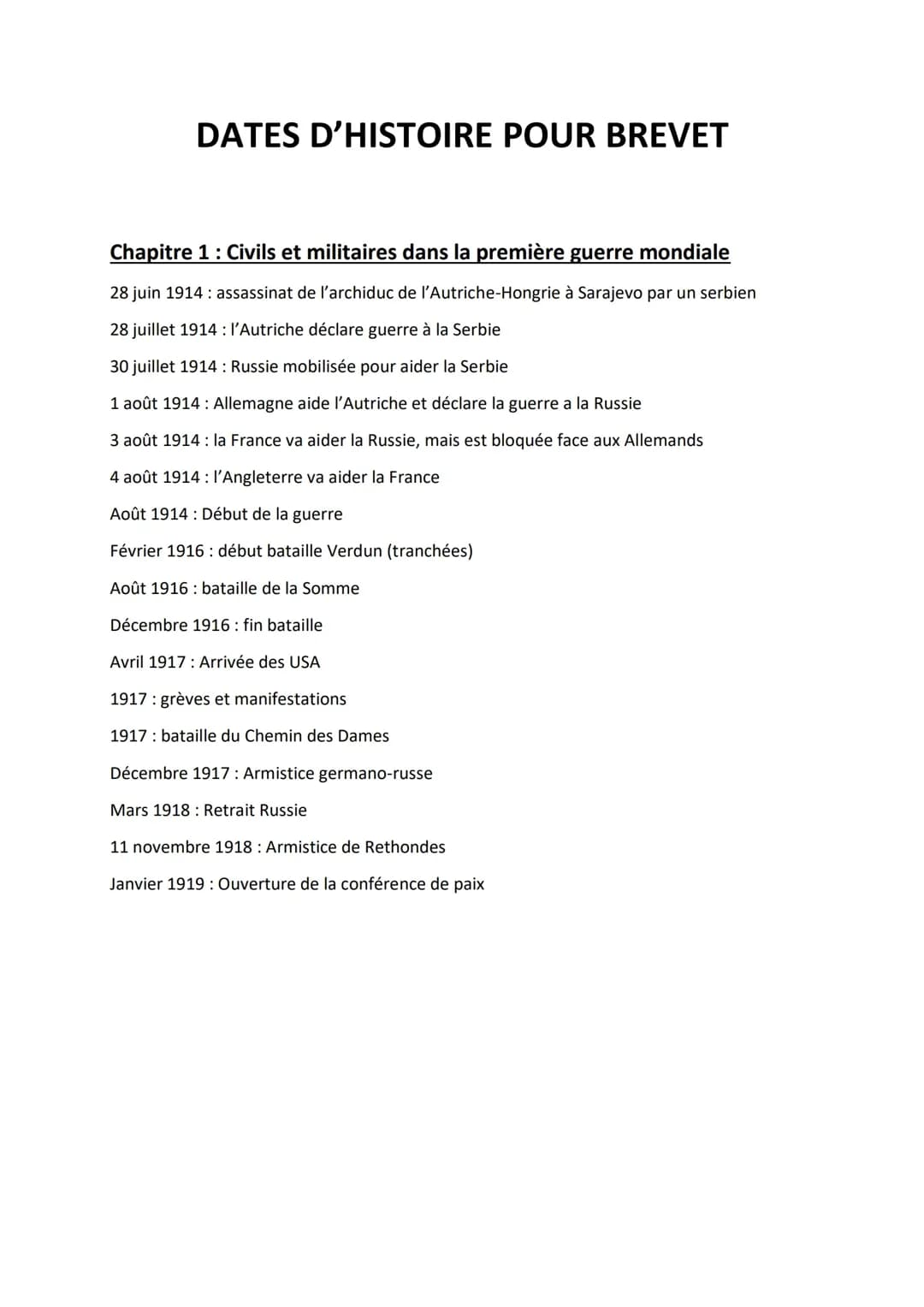 Dates histoire pour brevet