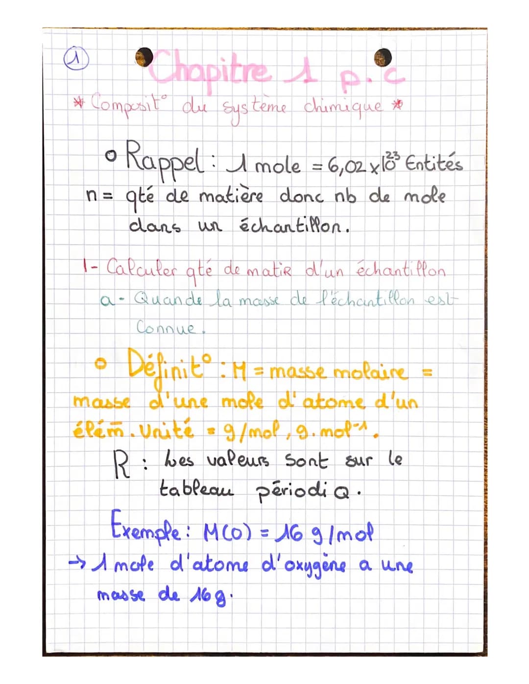 •Chapitre 1
P.C
* Composit du systeme chimique
• Rappel : 1 mole = 6,02 x 13³ Entités
qué de matière donc nb de mole
dans un échantillon.
1-