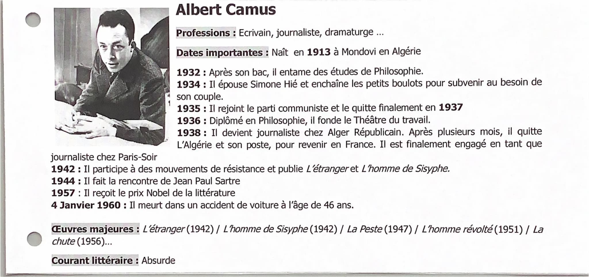 Albert Camus
Professions: Ecrivain, journaliste, dramaturge ...
Dates importantes: Naît en 1913 à Mondovi en Algérie
1932: Après son bac, il